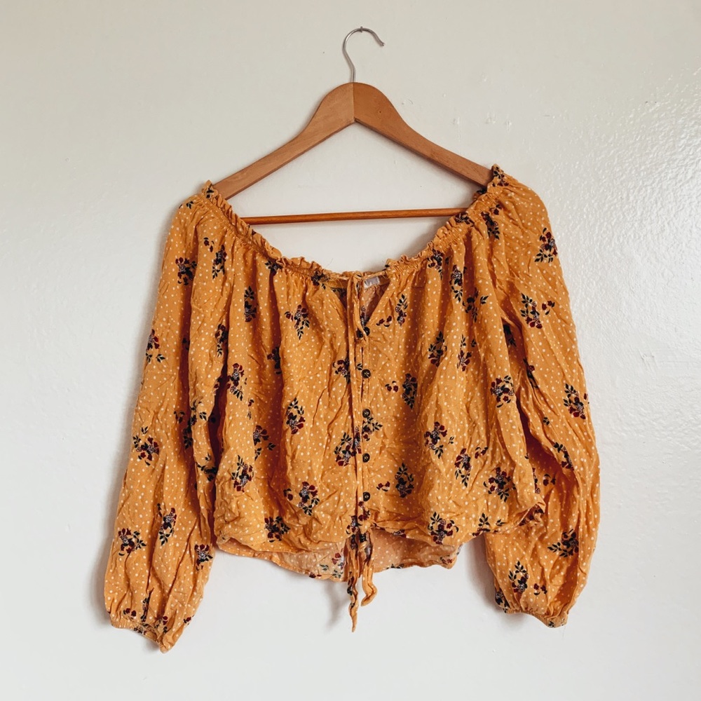 Yellow Polka Dot Floral Off the Shoulder crop top